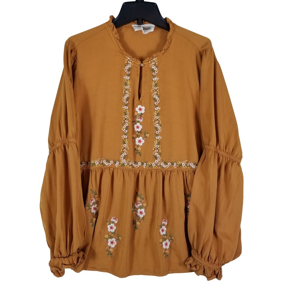 Savanna Jane Peplum Top Women Large Mustard Floral Embroidered Balloon Sleeve
